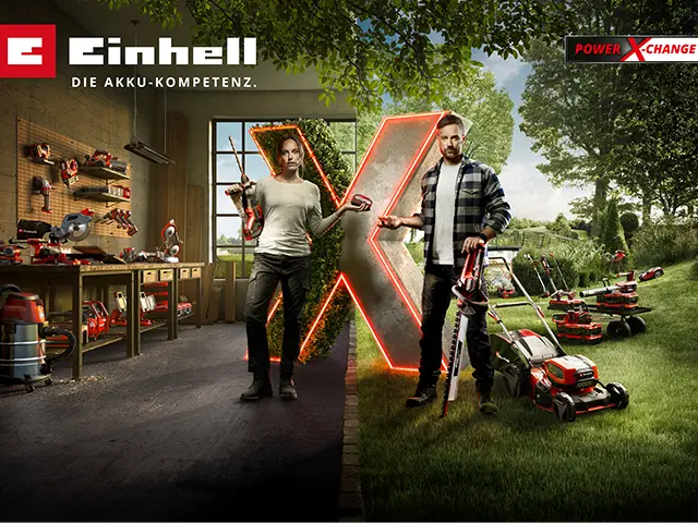 Verschiedene Werkzeuge von Einhell zur Vermarktung der Power X Change Serie.