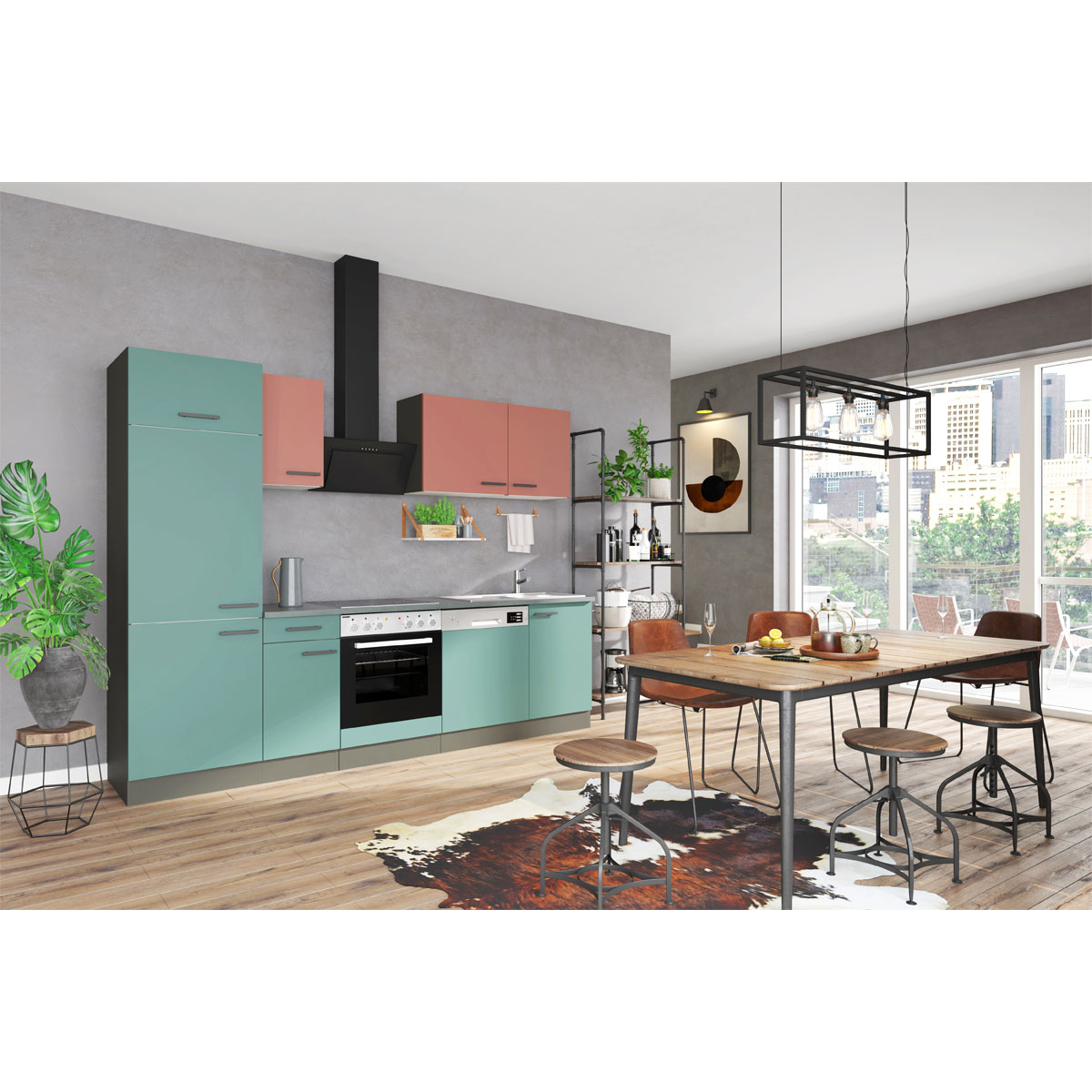 Küchenzeile Nizza/Verona 2,7 m grün-rot