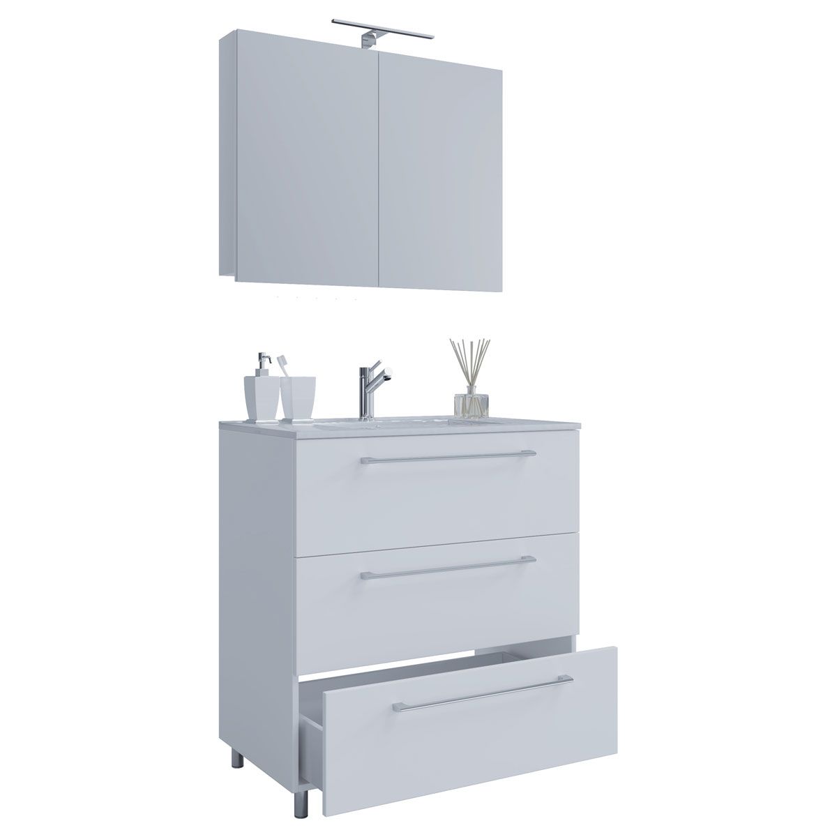 Stand-Waschplatz 80 cm 3-teilig 3 Schubfächer mit Spiegelschrank weiß Bild 1