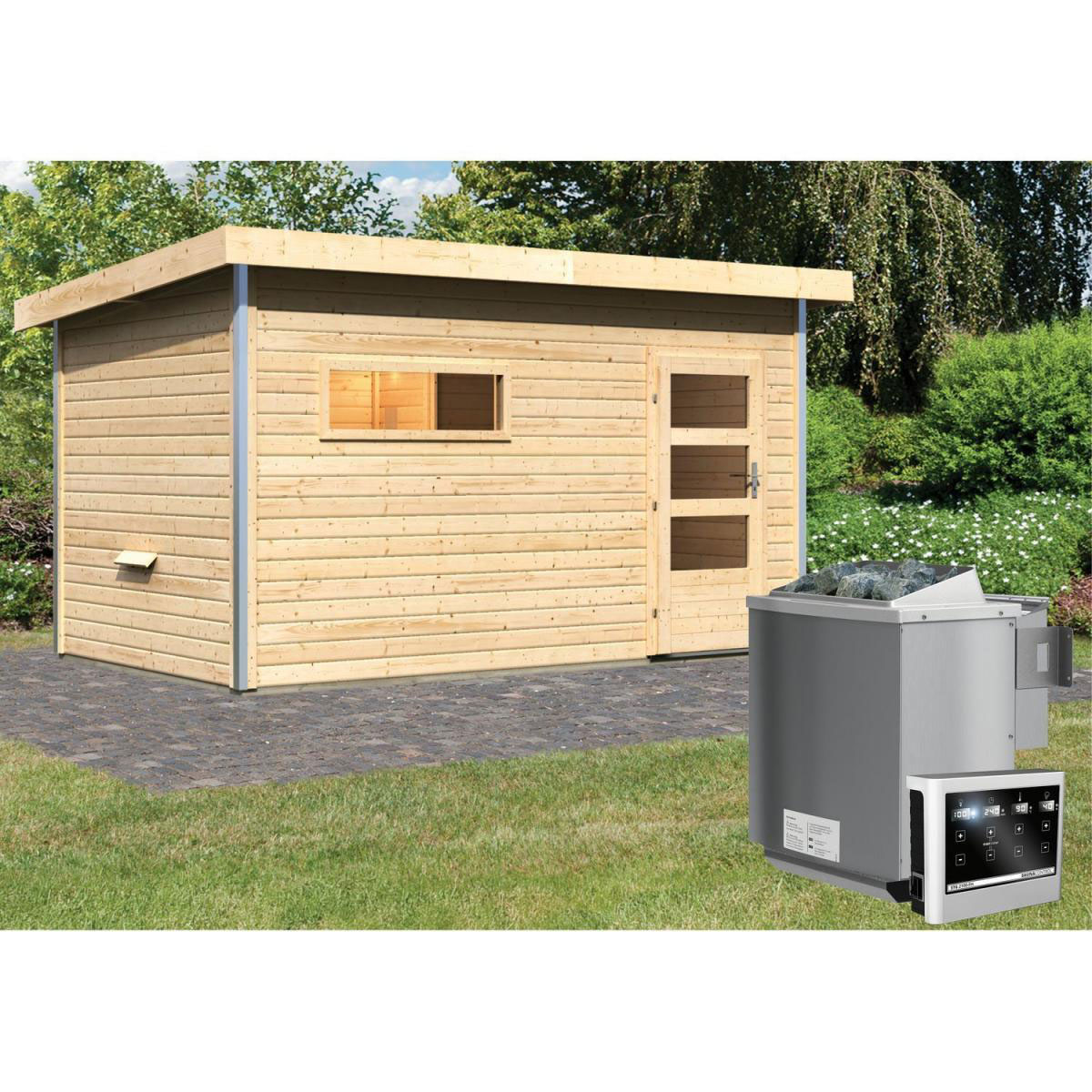 Karibu Saunahaus Skrollan 3 38 mm 9 kW Bio Ofen externe Strg moderne Tür Bild 6