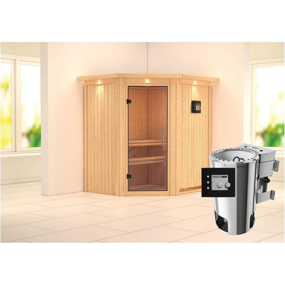 Karibu Sauna Tonja Eckeinstieg 3,6 kW Bio Ofen externe Strg modern mit Kranz Klarglas-Tür Bild 7