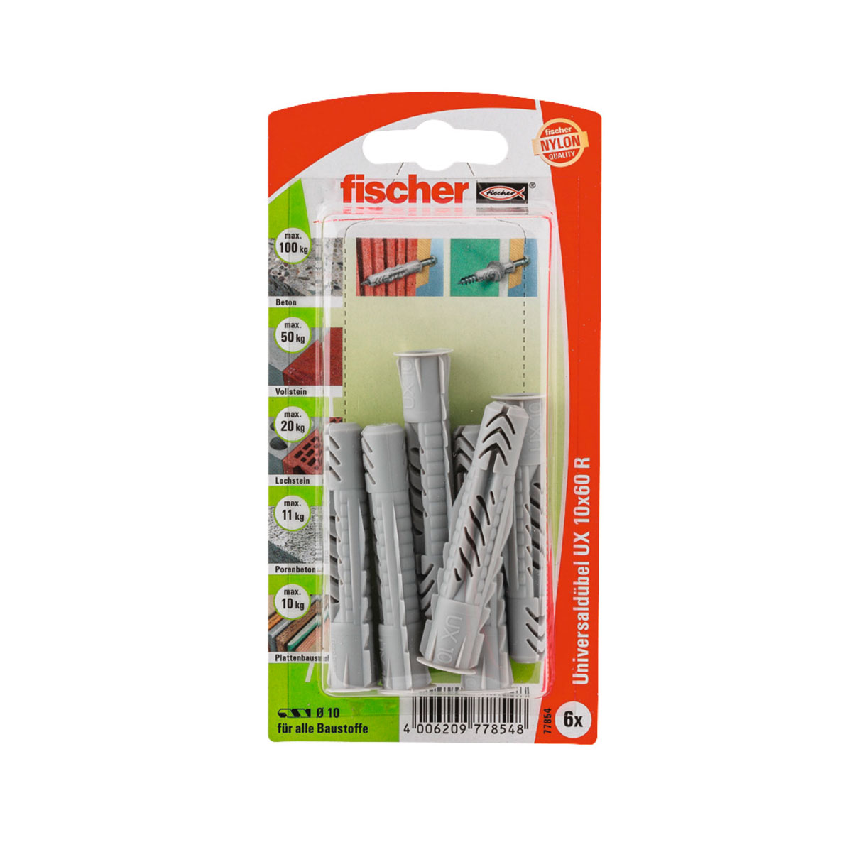 Fischer  Universaldübel UX 10 x 60 mm mit Rand 6 Stück