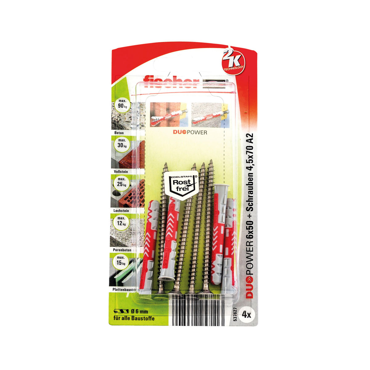 Fischer  Dübel DuoPower 6 x 50 mm Schraube nicht rostender Stahl A2 4 Stück