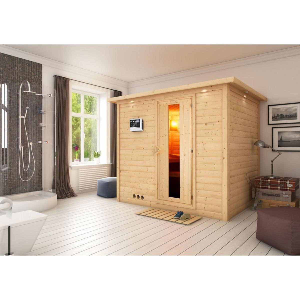 Karibu Sauna Sonara Fronteinstieg 9 kW Bio Ofen externe Strg Tür gedämmt mit Kranz Bild 1