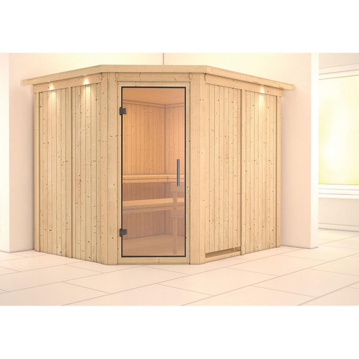 Karibu Sauna Malin Eckeinstieg ohne Ofen mit Kranz Klarglas-Tür Bild 4