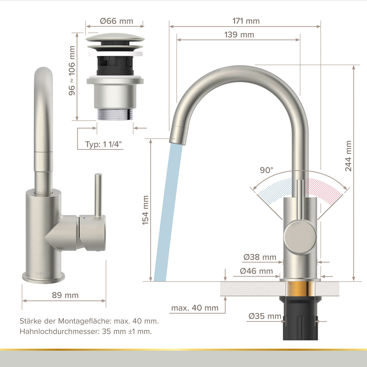 LENZ Waschtischarmatur Moana Easy-Clean Edelstahl Bild 4
