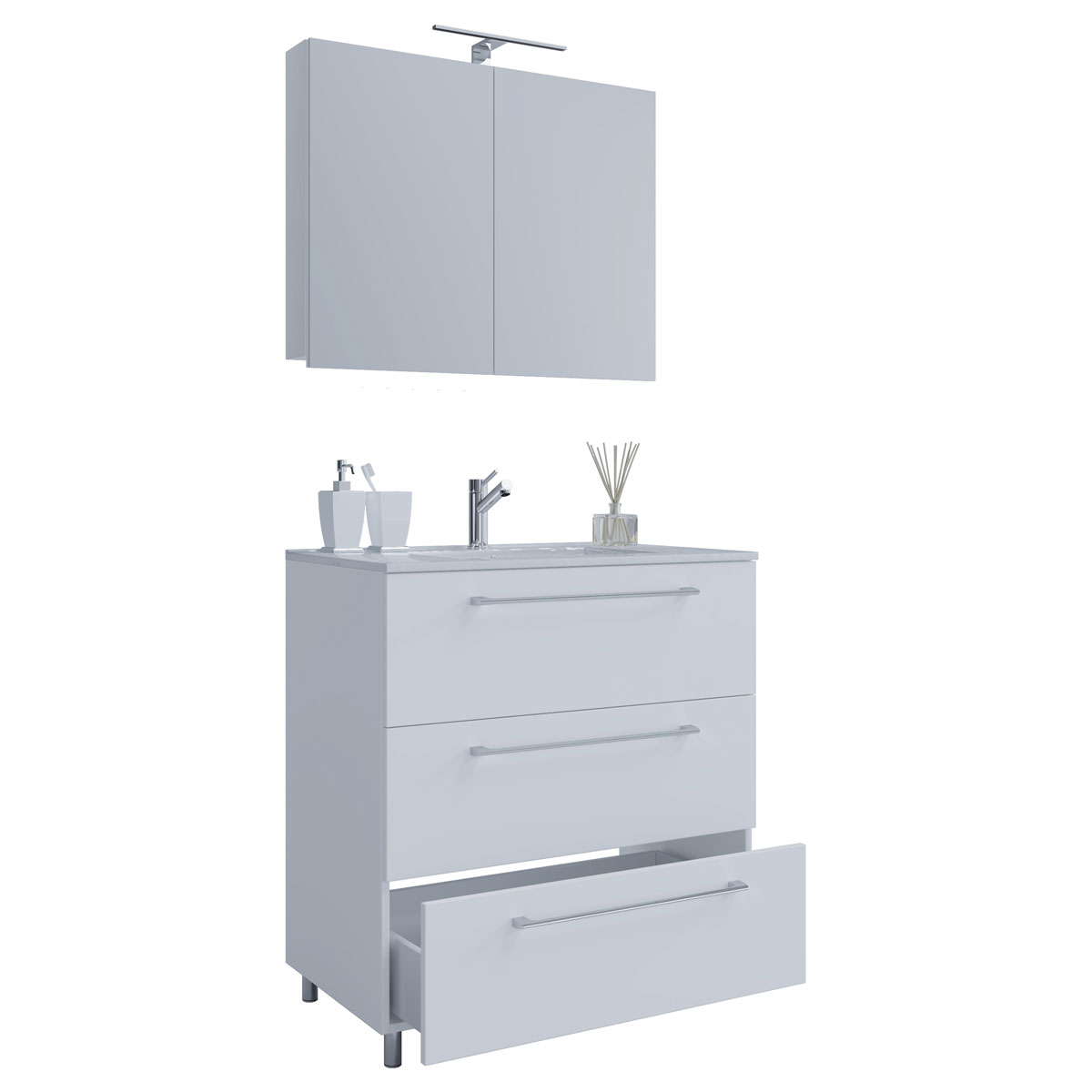 Stand-Waschplatz 60 cm 3-teilig 3 Schubfächer mit Spiegelschrank weiß Bild 1