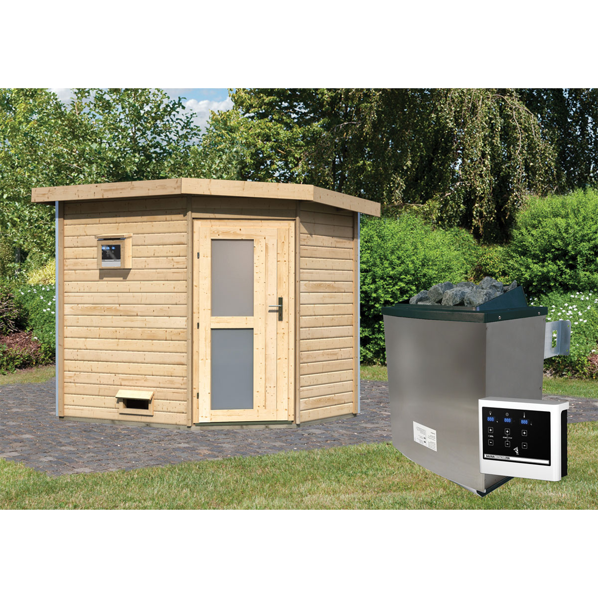 Karibu Saunahaus Mikka 38 mm 9 kW Ofen externe Strg Milchglastür Bild 2