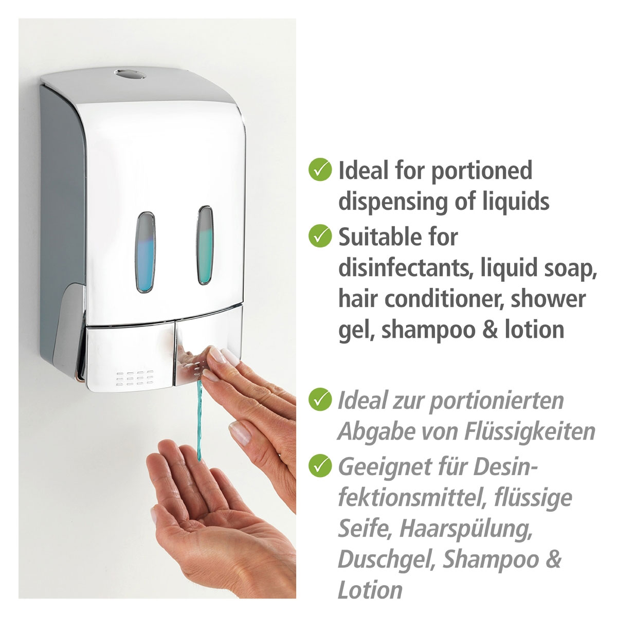 Wenko  2-Kammer Desinfektionsmittel- und Seifenspender Tartas Chrom Seifen-Dosierer und Desinfektionsspender Füllmenge je Kammer 480 ml Bild 4