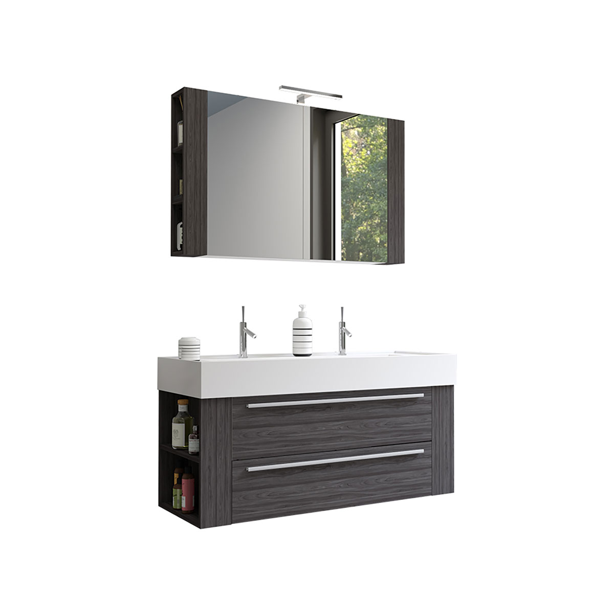 Progetto Idea Stella Badmöbel DOMUS 120 Ulme onyx mit Spiegelschrank und Lampe