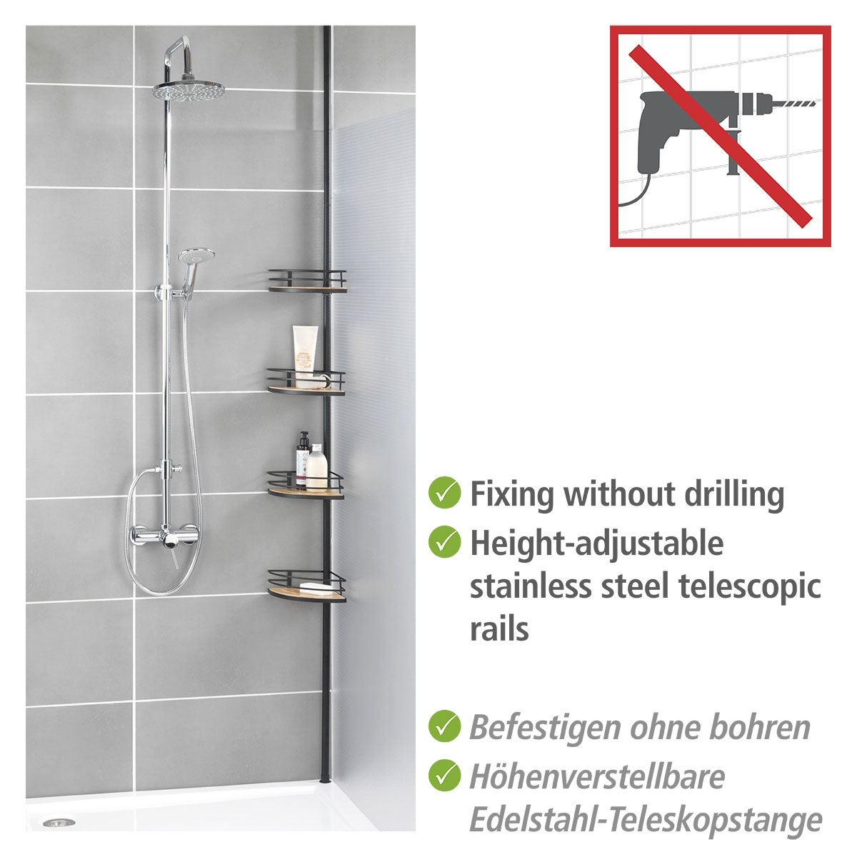 Wenko  Teleskop-Eckregal Dolcedo aus Bambus und Edelstahl rostfrei Duschregal Bild 3