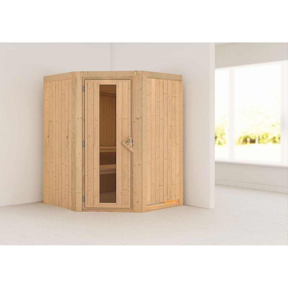 Karibu Sauna Larin Eckeinstieg Tür gedämmt ohne Kranz ohne Ofen Bild 1