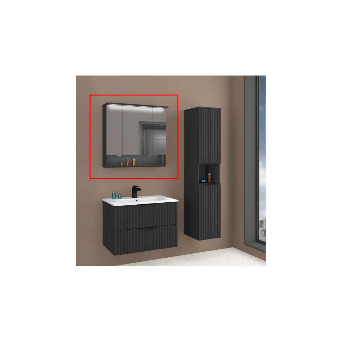 Spiegelschrank Amy, 80cm, schwarz matt, 3 Türen, 1 offenes Fach, LED-Kranz u. Unterbeleuchtung Bild 2