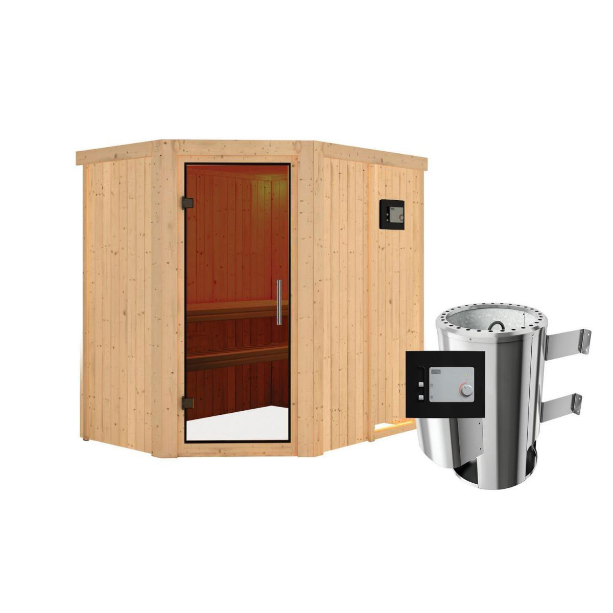 Karibu Sauna Saja Eckeinstieg 3,6 kW Ofen externe Strg modern kein Kranz Energiespartür Bild 1