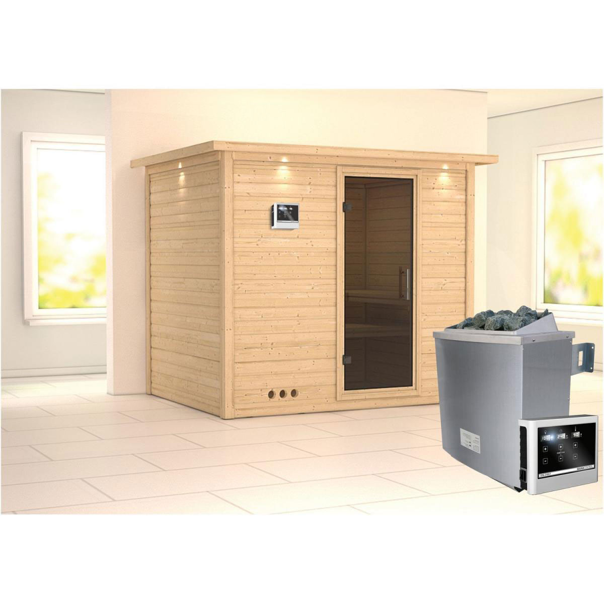 Karibu Sauna Sonara Fronteinstieg 9 kW Ofen externe Strg modern Tür graphit mit Kranz Bild 1