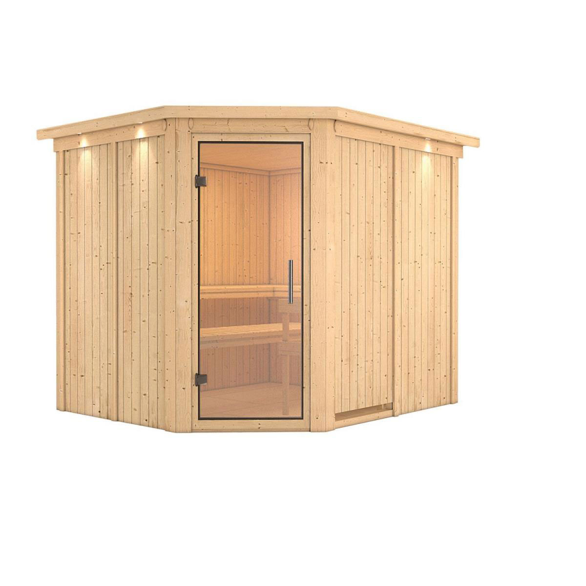 Karibu Sauna Malin Eckeinstieg ohne Ofen mit Kranz Klarglas-Tür Bild 10
