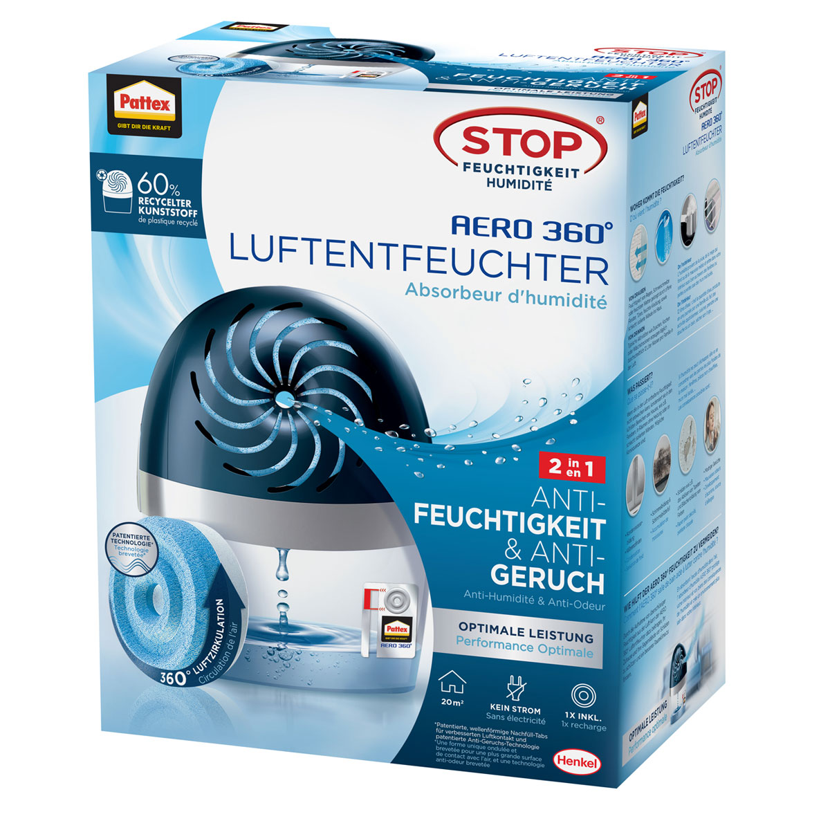 Pattex Luftentfeuchter AERO 360 1 x Gerät inkl 1 x Nachfülltab 450 g