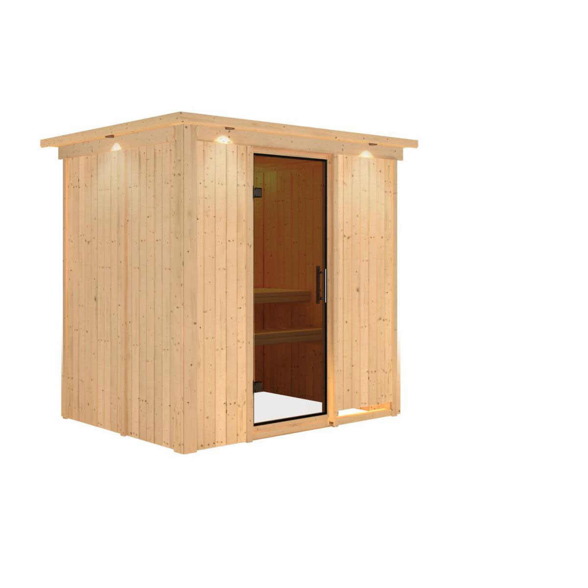 Karibu Sauna Fanja Fronteinstieg ohne Ofen mit Kranz graphitfarbene Glastür Bild 2