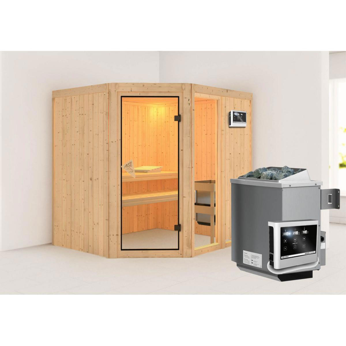 Karibu Systemsauna Fiona 2 68 mm 9 kW Ofen externe Strg modern ohne Dachkranz Bild 1