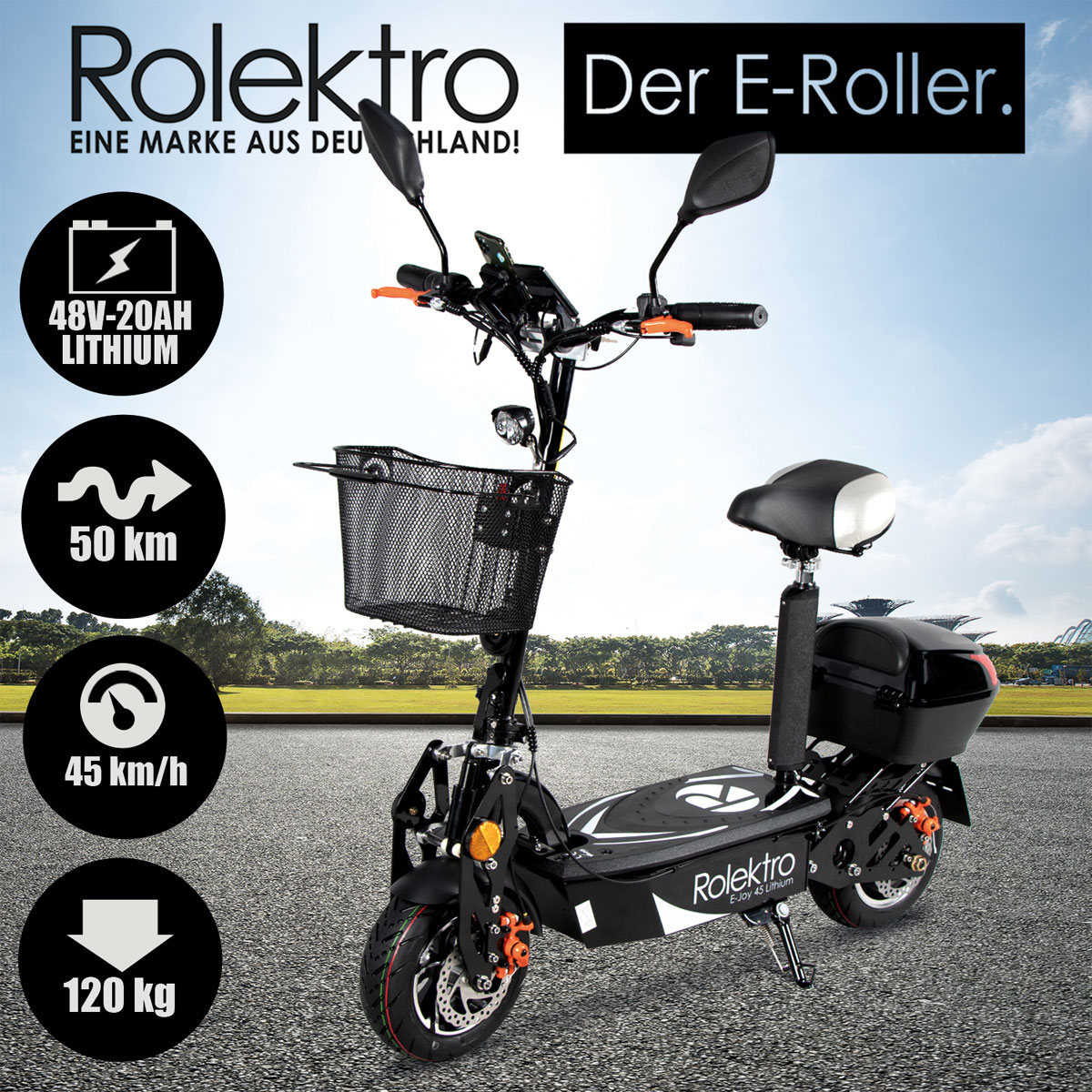 Rolektro E-Scooter „E-Joy 45“ Schwarz, 48 V-20 AH Akku, 1000 W Bild 3