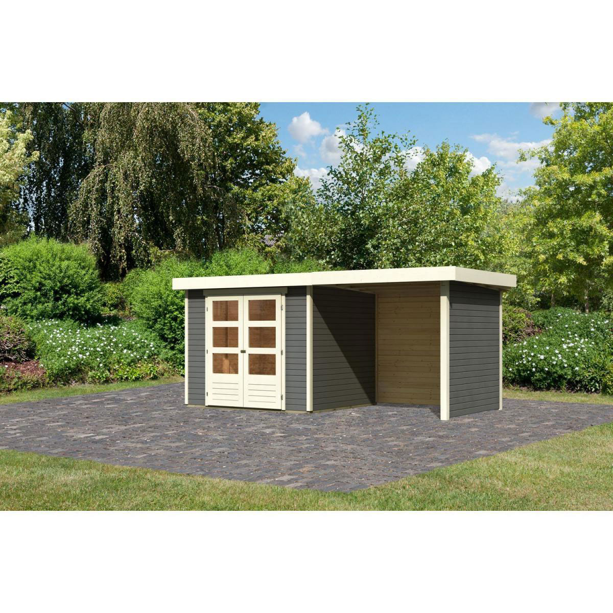 Karibu Gartenhaus-Set Askola 3 mit Anbaudach 2,40 m mit Seiten- und Rückwand terragrau Bild 1