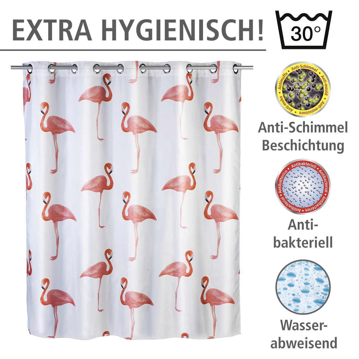 Wenko  Anti-Schimmel Duschvorhang Flamingo Flex Textil Polyester 180 x 200 cm waschbar Bild 3