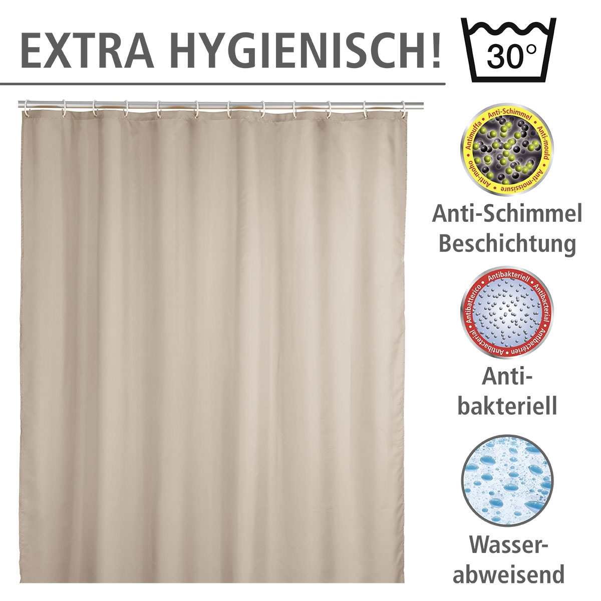 Wenko  Anti-Schimmel Duschvorhang Uni Beige Textil Polyester 180 x 200 cm waschbar Bild 3