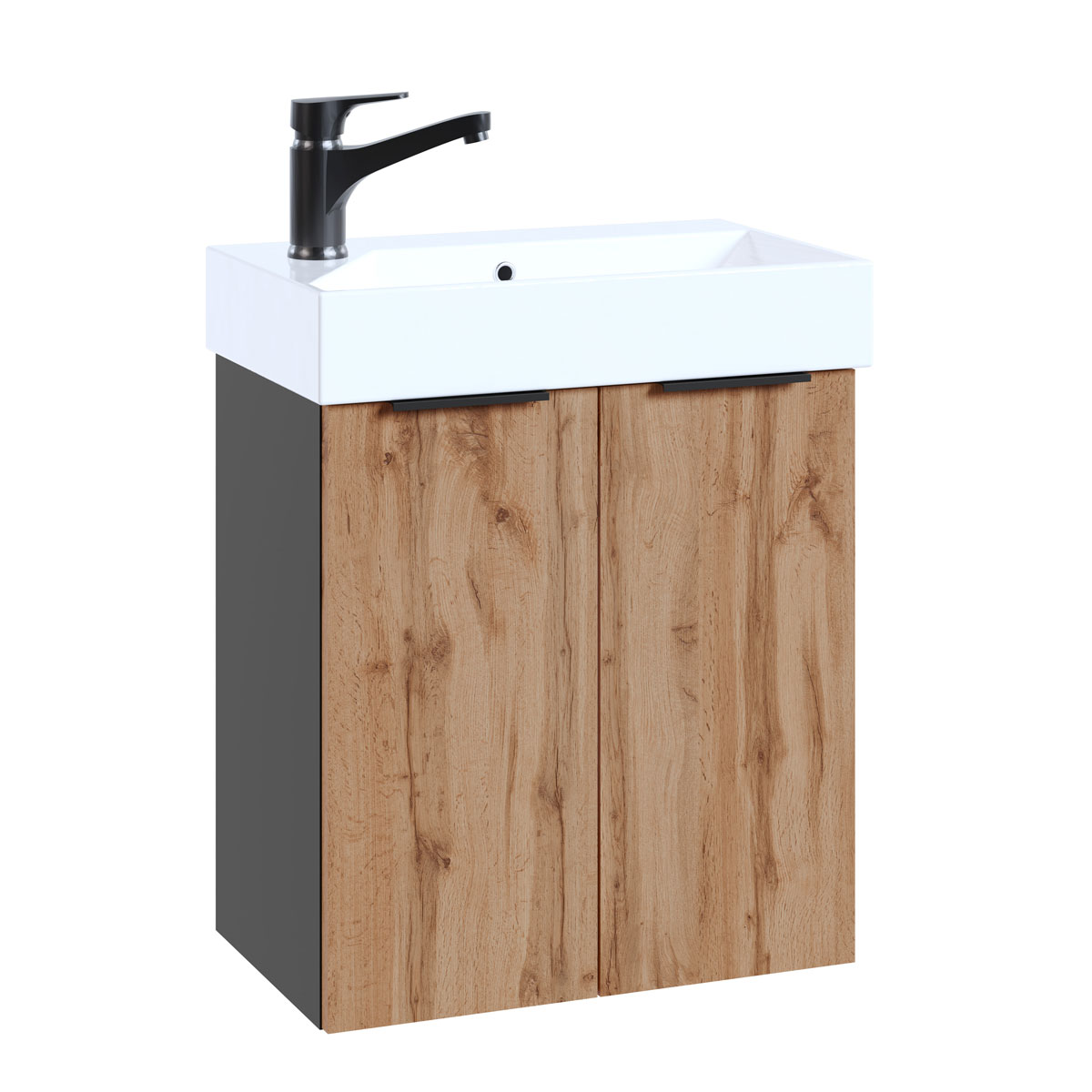 Waschbeckenunterschrank Mara, 55cm, Schwarz, 2 Türen, Soft-Close, inkl. Keramik-Becken