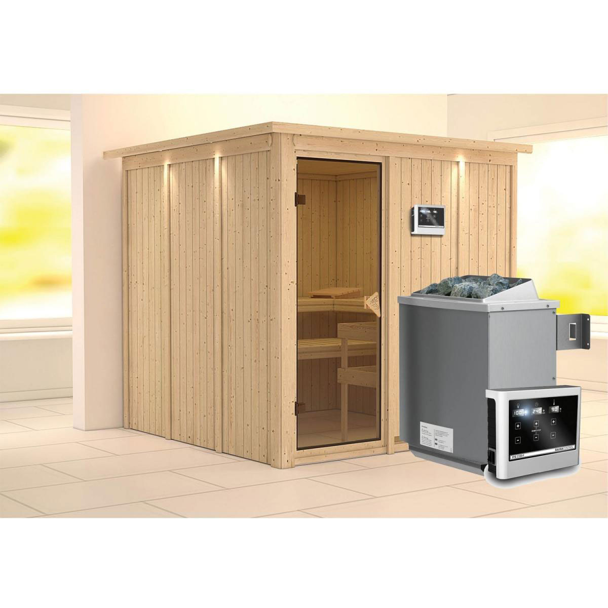 Karibu Systemsauna Rodin 68 mm 9 kW Ofen externe Strg mit Dachkranz