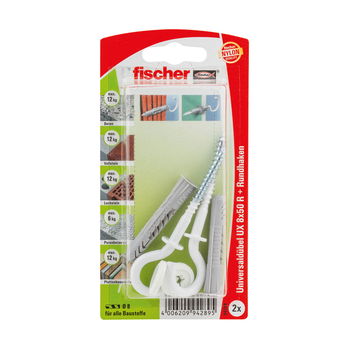 Fischer Universaldübel UX 8 x 50 mm mit Rundhaken nylonbeschichtet 2 Stück
