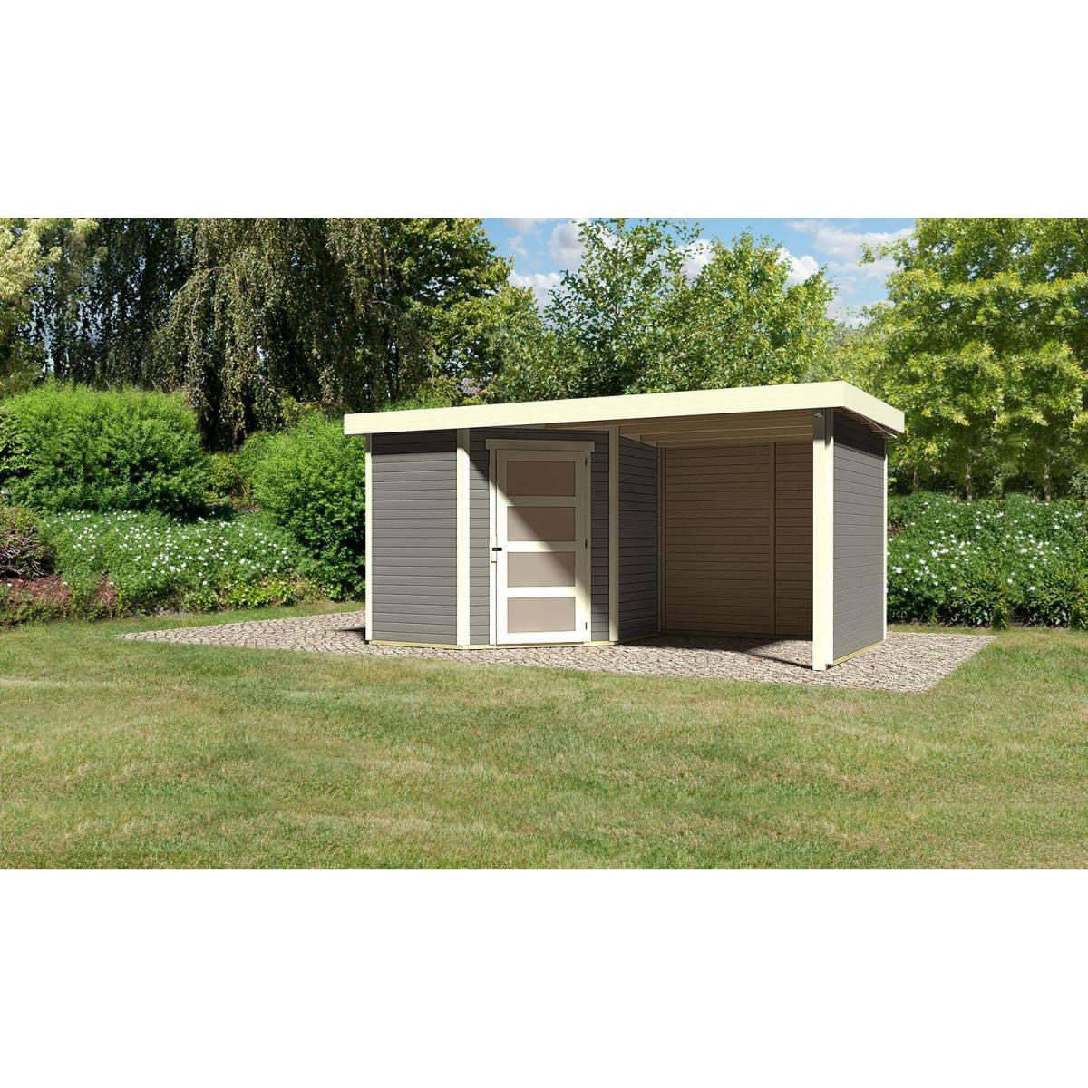Karibu Gartenhaus Schwandorf 3/5 mit Anbaudach 220 cm und Seiten-/Rückwand 433 x 217 x 218 cm grau Bild 1