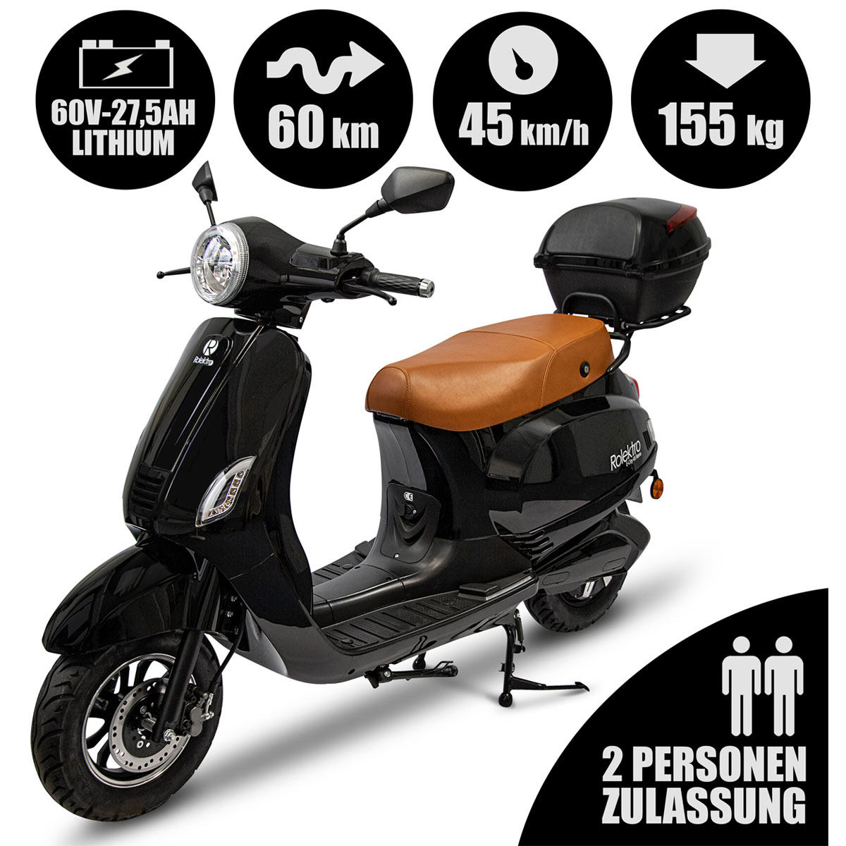 Rolektro Retro Roller E-Roller 45 km/h Lithium V.2021 Schwarz 60V-27,5Ah 2000W Bild 2