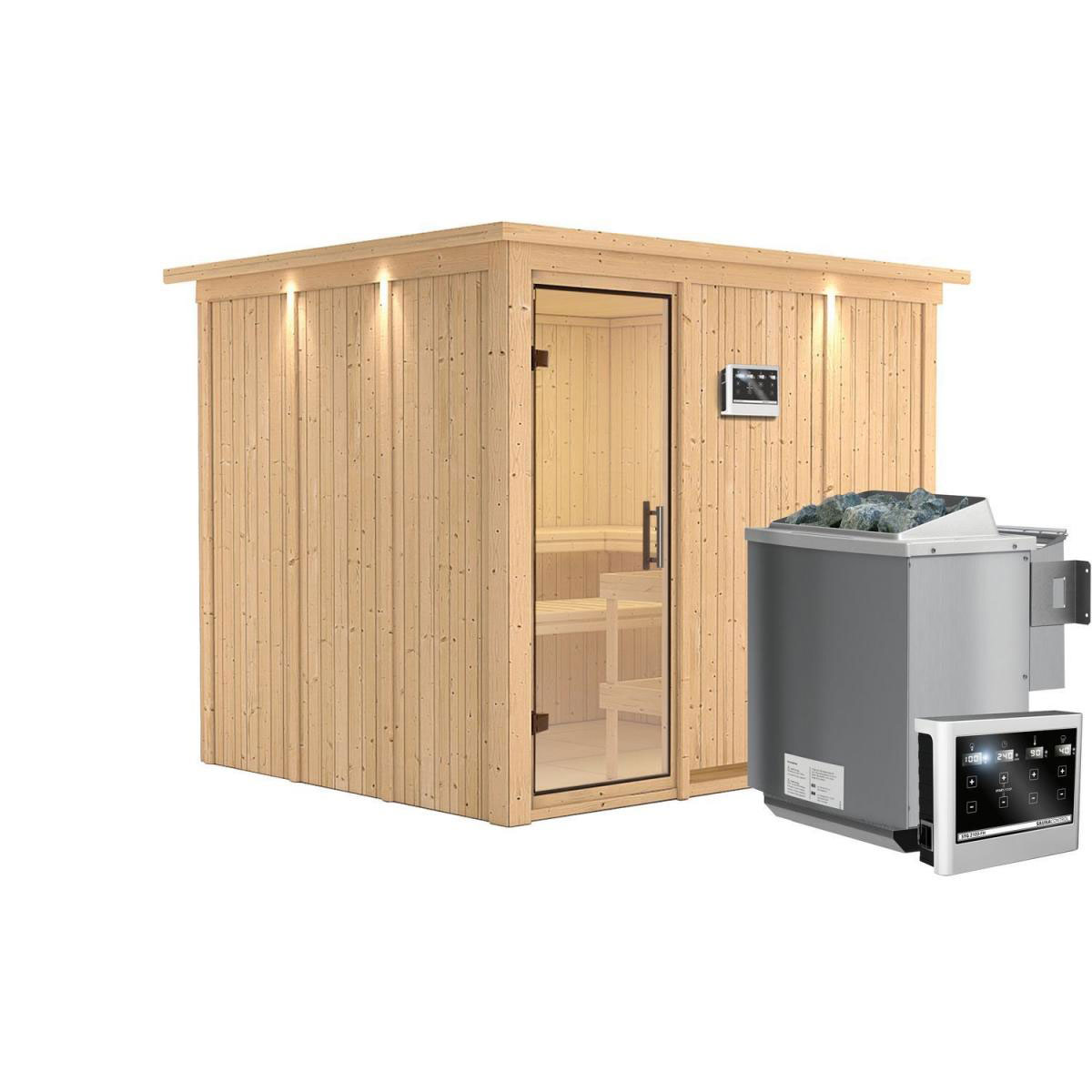 Karibu Sauna Gobin Fronteinstieg 9kW Bio Ofen mit Kranz Klarglas-Tür Bild 1