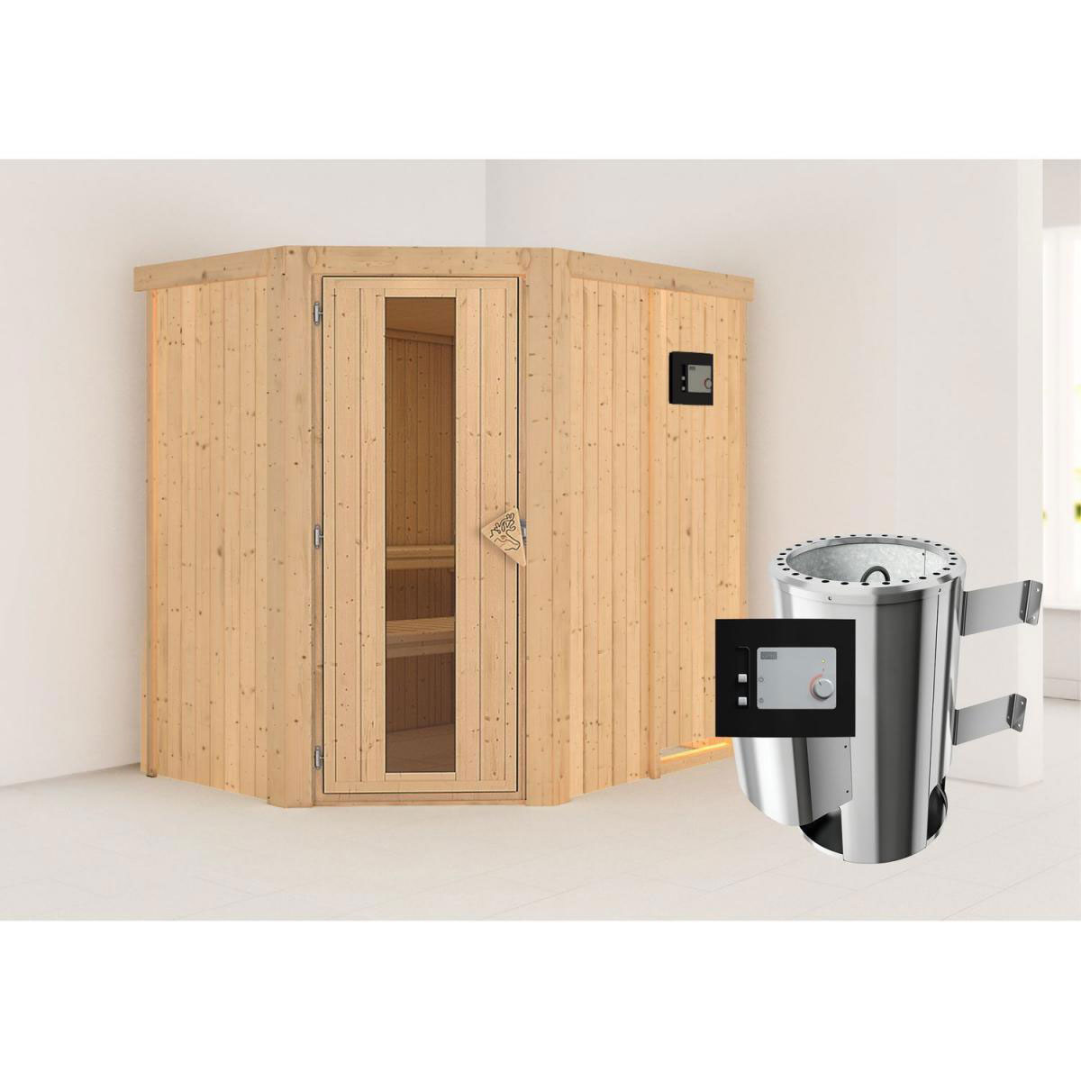 Karibu Sauna Saja Eckeinstieg 3,6 kW Ofen externe Strg modern kein Kranz Energiespartür Bild 6