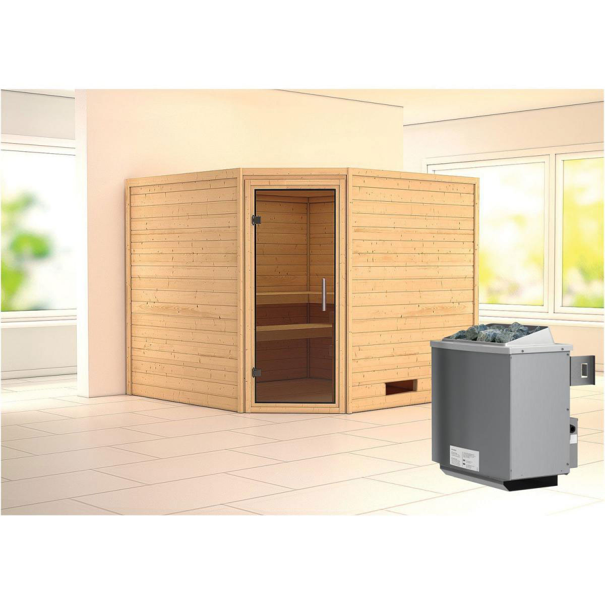 Karibu Sauna Leona Eckeinstieg 9 kW Ofen integr Strg kein Kranz graphitfarbene Tür Bild 5