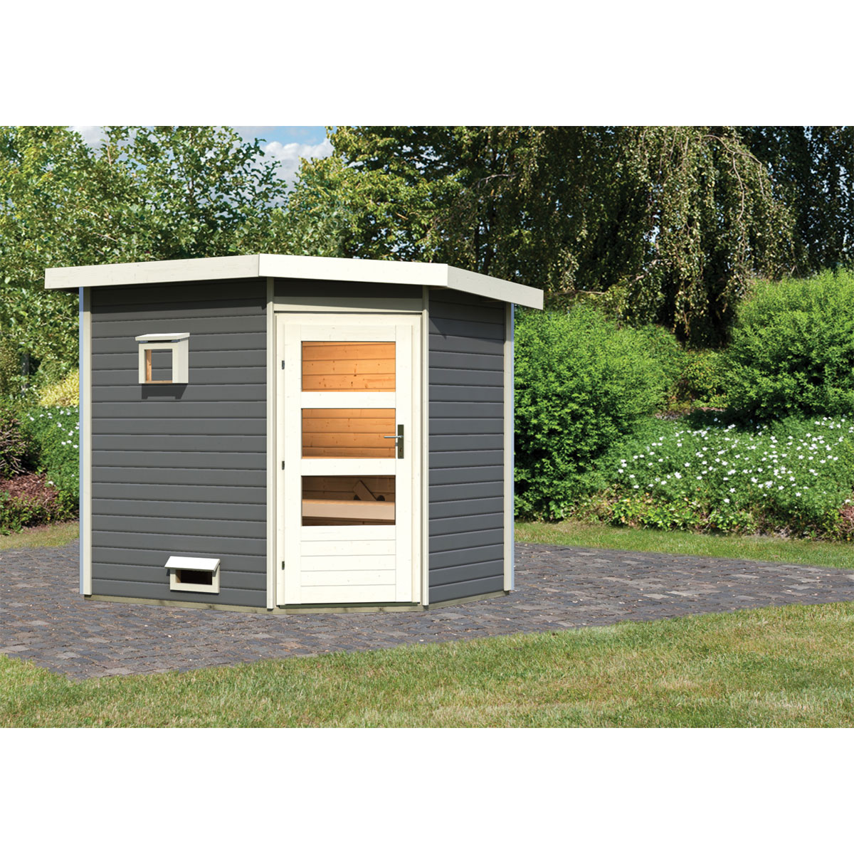 Karibu  Saunahaus „Mikka“ mit moderner Tür terragrau Bild 2