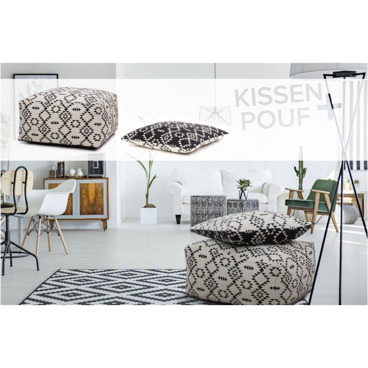 Pouf und Kissen Set Unwind 160 weiss schwarz 80x80cm Bild 5