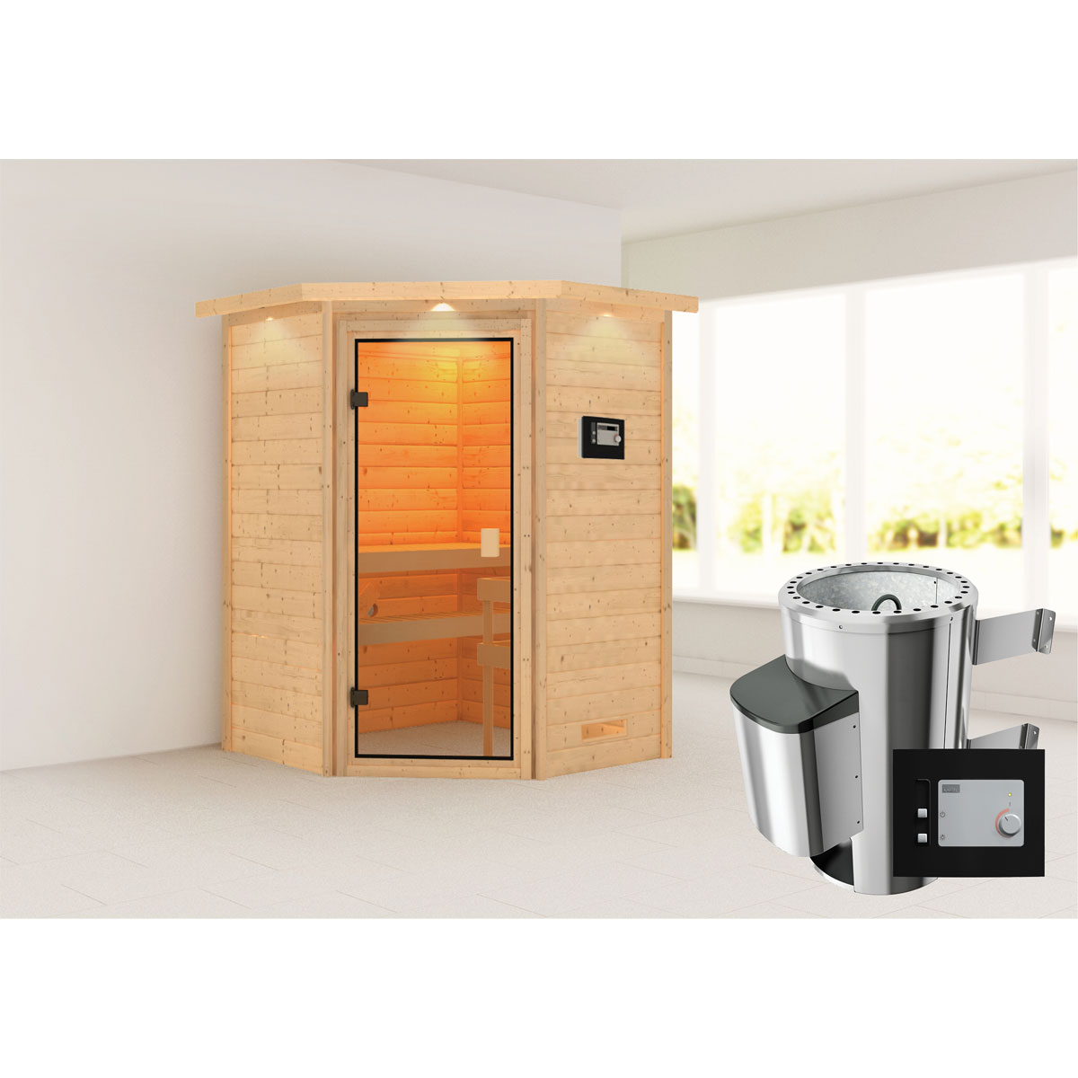 Karibu Sauna Antonia 3,6 kW mit Kranz naturbelassen externe Steuerung Bild 1