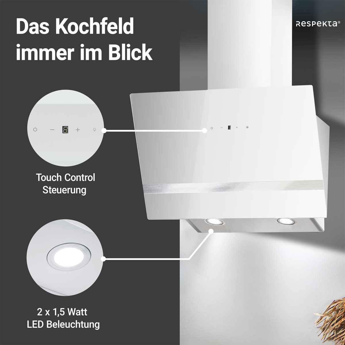 Respekta Design-Schräghaube Hera CH24060WAM 60 cm Weiß Bild 5