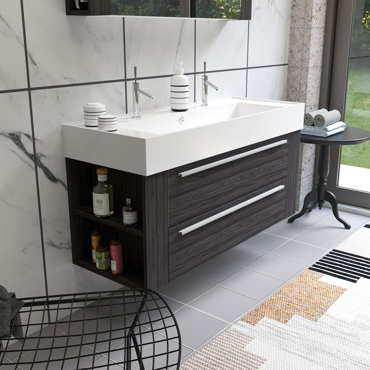 Progetto Idea Stella Badmöbel DOMUS 120 Ulme onyx mit Spiegelschrank und Lampe Bild 4