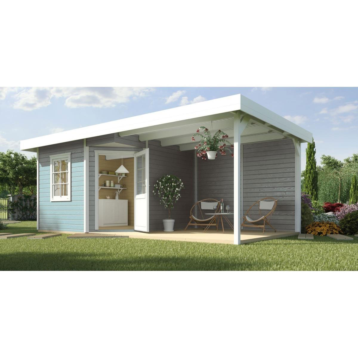 Weka Designhaus 213 B mit Anbau 300 cm 5-Eck 586 x 278 x 237 cm grau