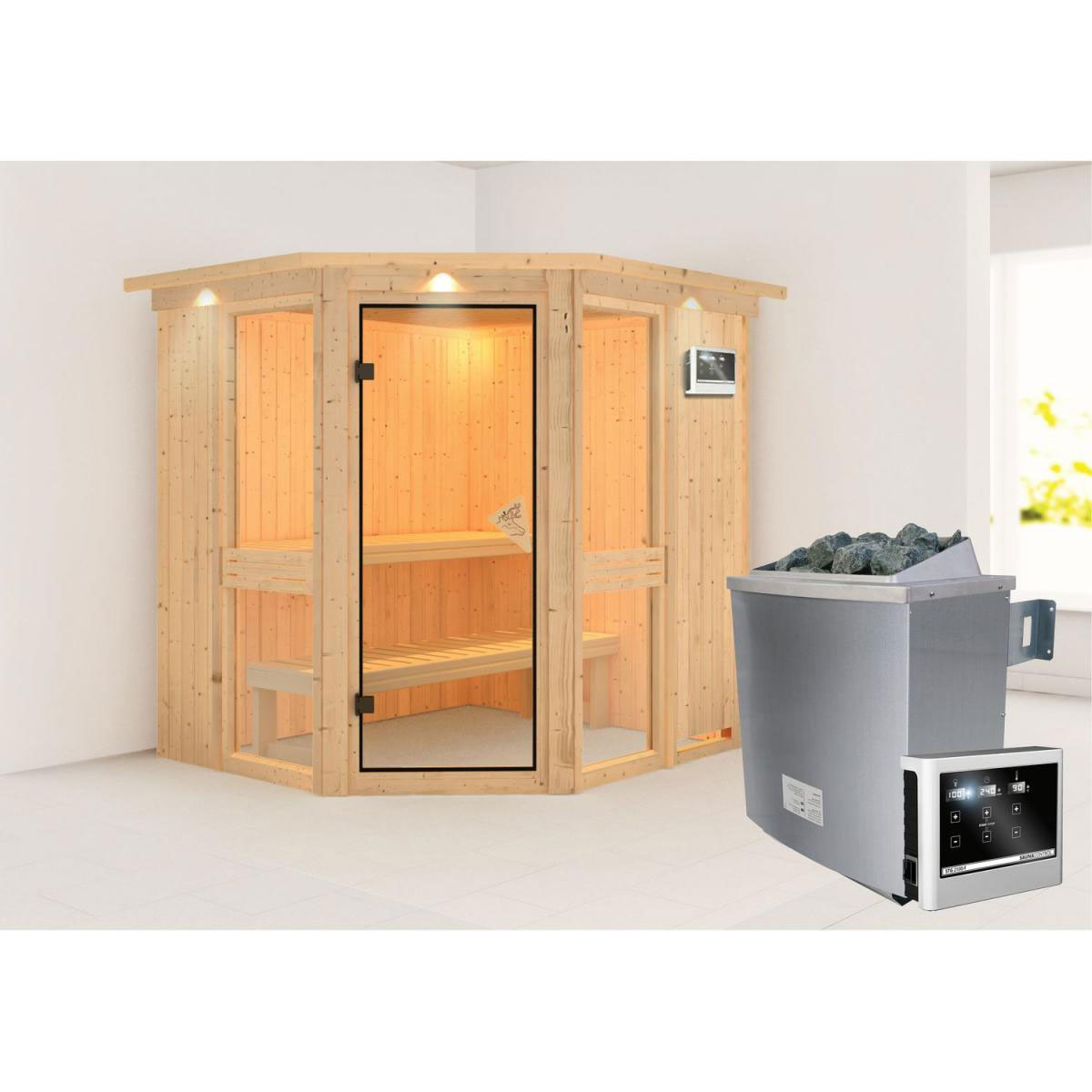 Karibu Amelia 1 Eckeinstieg 9 kW Ofen externe Strg modern mit Kranz Bild 1