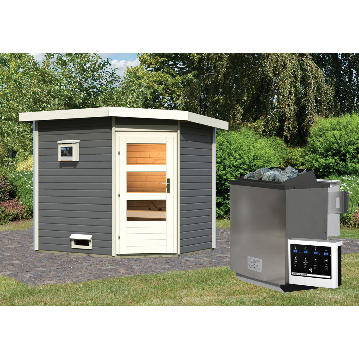 Karibu  Saunahaus- Set „Mikka“ terragrau mit Ofen 9 kW Bio ext. Steuerung Bild 2
