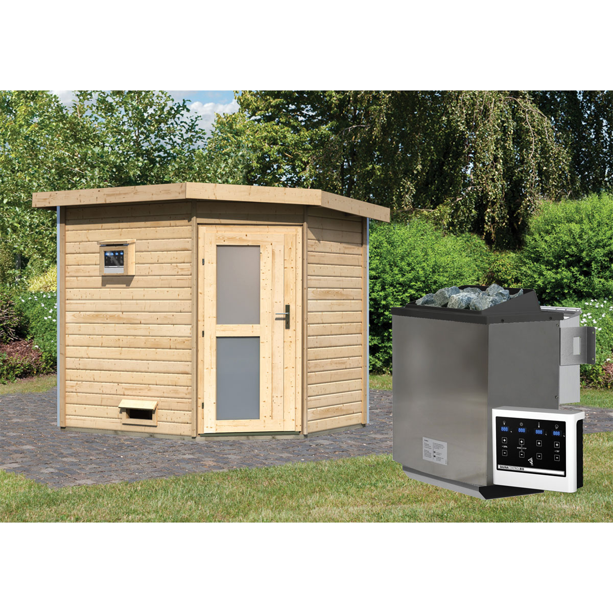 Karibu Saunahaus Mikka 38 mm 9 kW Bio Ofen externe Strg Milchglastür