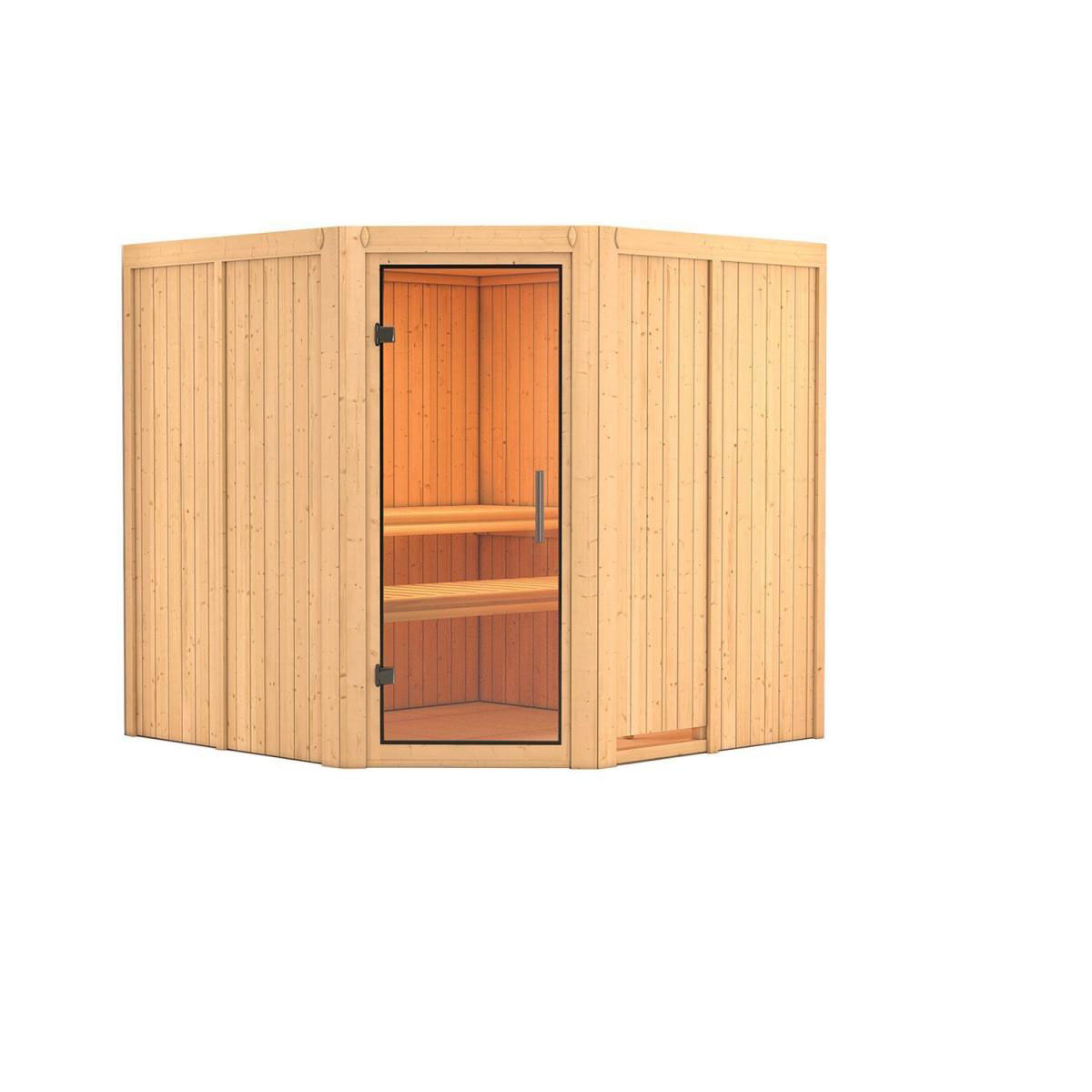 Karibu Sauna Jarin Eckeinstieg ohne Ofen kein Kranz Klarglas-Tür Bild 1