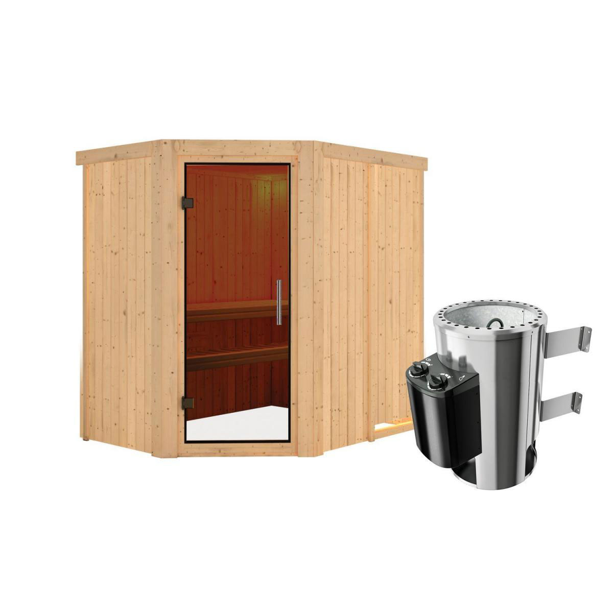 Karibu Sauna Saja Eckeinstieg 3,6 kW Ofen integr Strg kein Kranz Energiespartür Bild 2