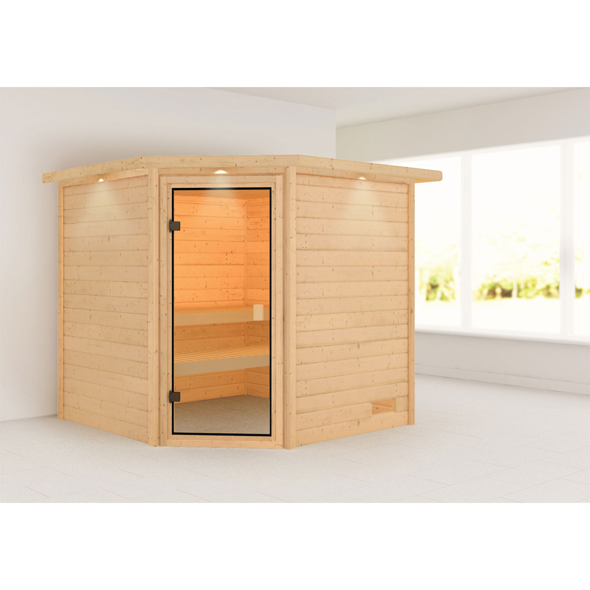 Karibu Sauna Tilda mit Kranz naturbelassen ohne Ofen Bild 1