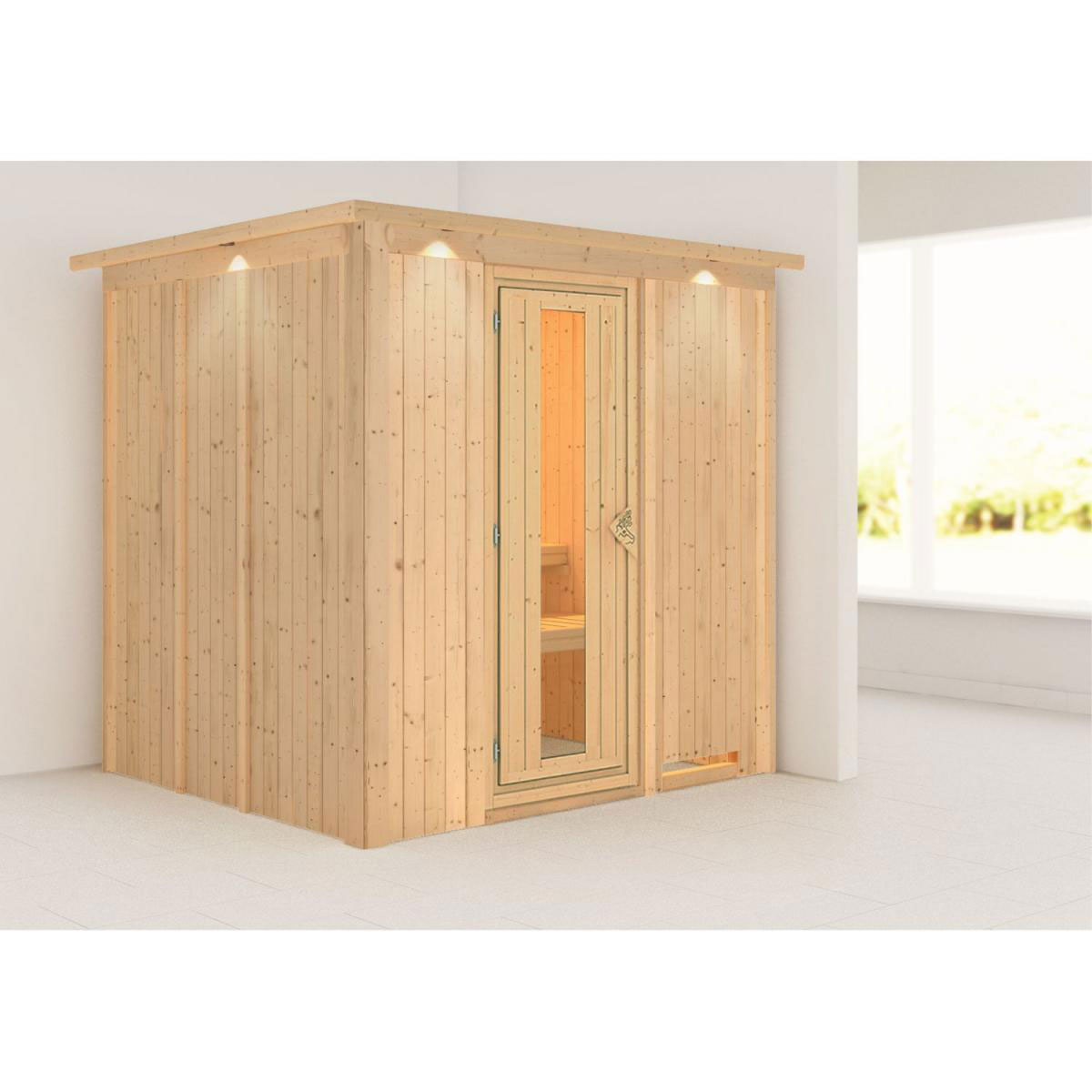 Karibu Sauna Daria Fronteinstieg ohne Ofen mit Kranz Energiespartür Bild 6