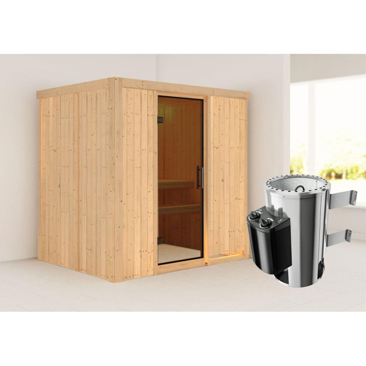 Karibu Sauna Fanja Fronteinstieg 3,6 kW Ofen integr Strg kein Kranz Energiespartür Bild 5