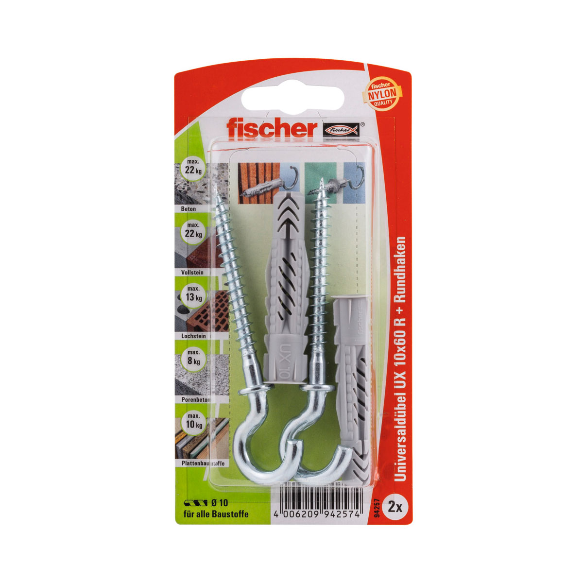 Fischer  Universaldübel UX 10 x 60 mm mit Rundhaken 2 Stück